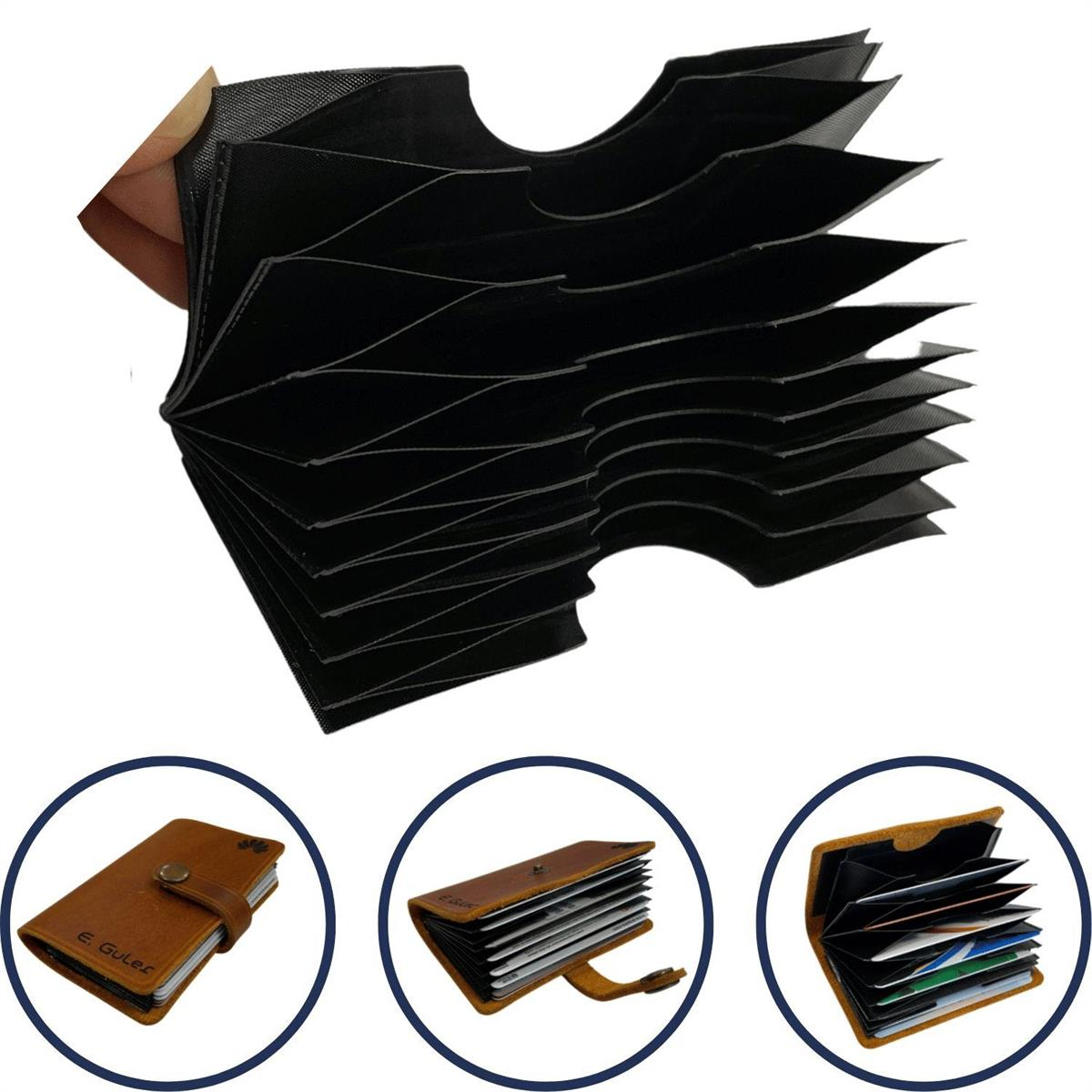 Yatay Akordiyon Plastik Kartlık Siyah, Deri Hobi Kartlık Cüzdan Yapımına Uygun