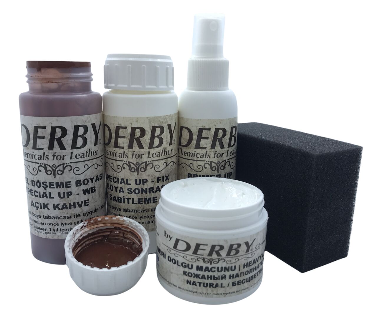 Derby Deri Direksiyon, Deri Döşeme Boyası 5 li Set Standart Renkler .Açık Kahve