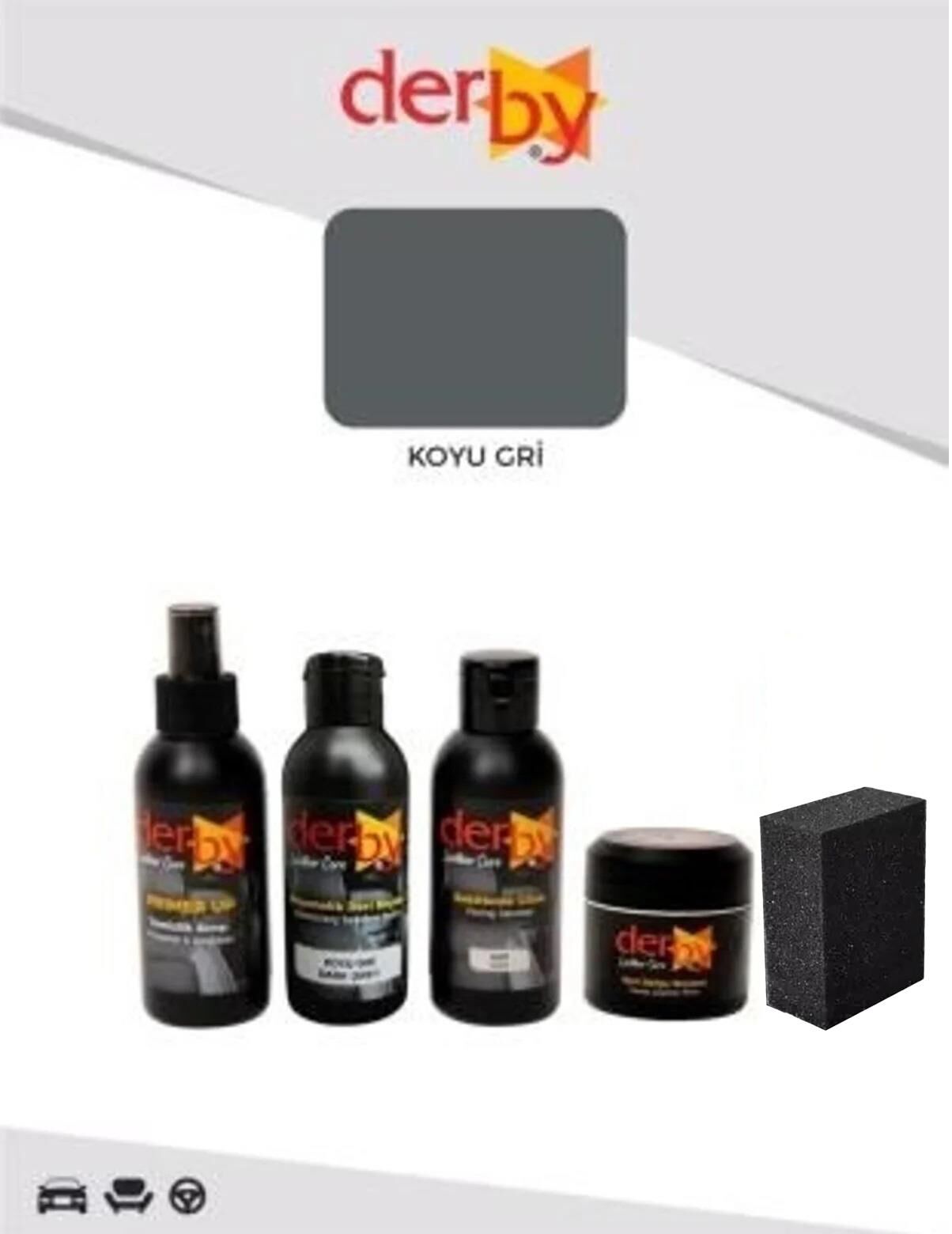 Derby Deri Direksiyon, Deri Döşeme Boyası 5 li Set Standart Renkler .Koyu Gri